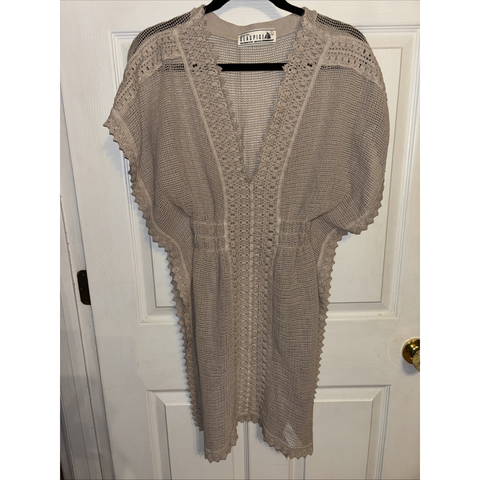 Seaspice Resort Wear L Crochet Cover-Up Beach Bonnie Tunic Tan Peruvian Cotton